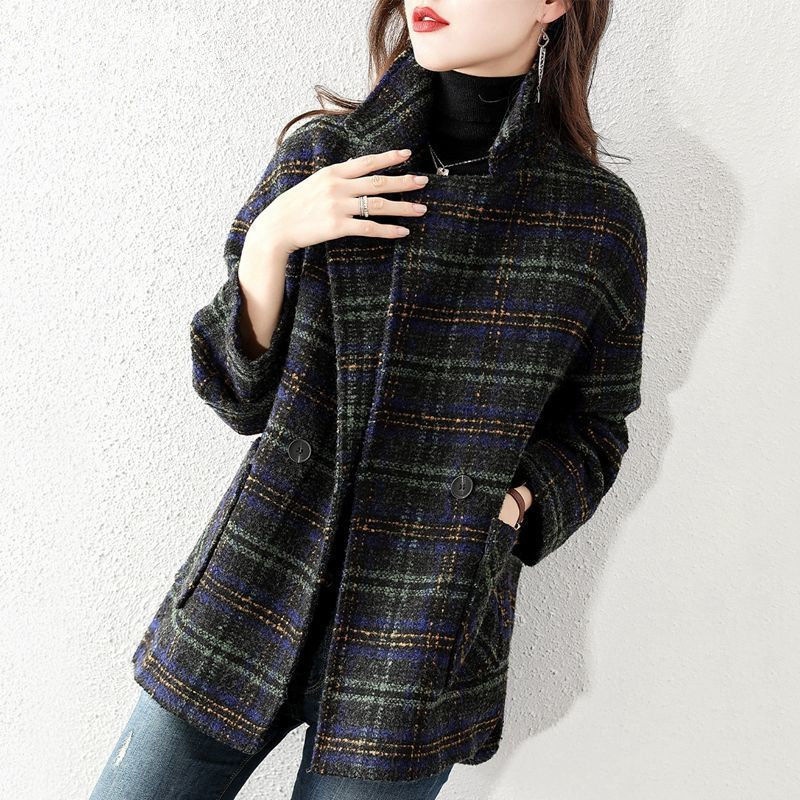 Wool Coat Peacoat - Women Plus Size Plaid Woolen Suit
