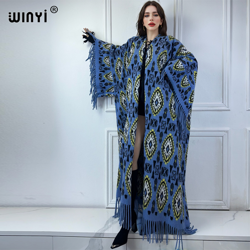Wool Coat Peacoat - WINYI Winter Women Fringed cardigan print