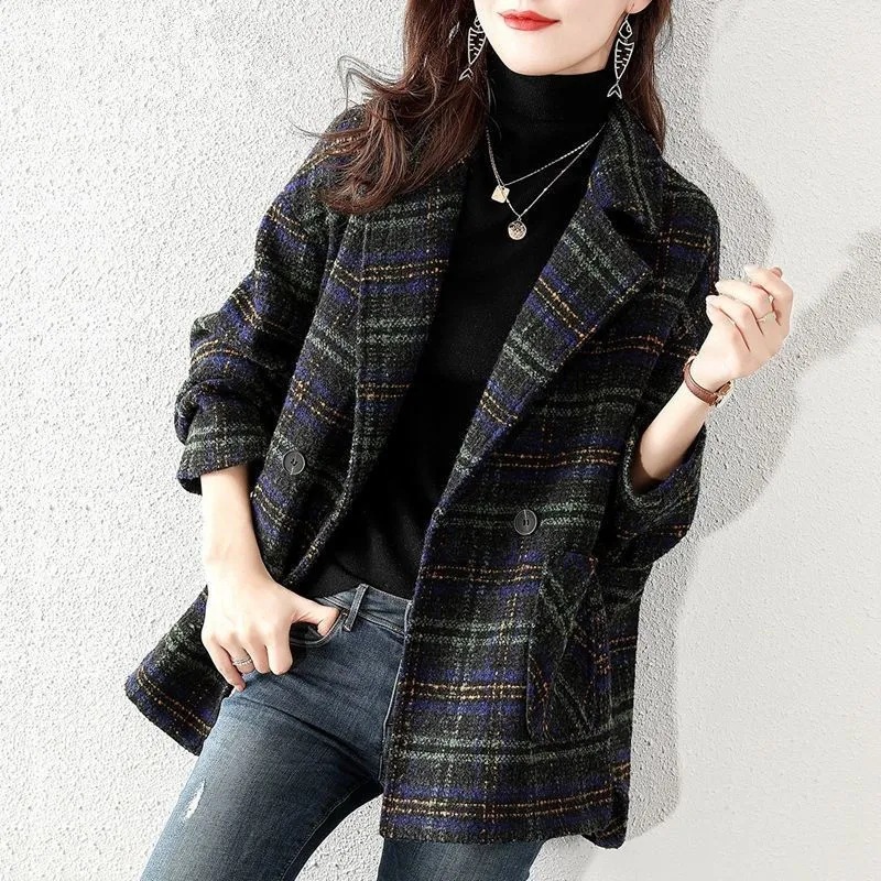 Women Plus Size Plaid Woolen S - огляд і ціна Wool Coat Peacoat